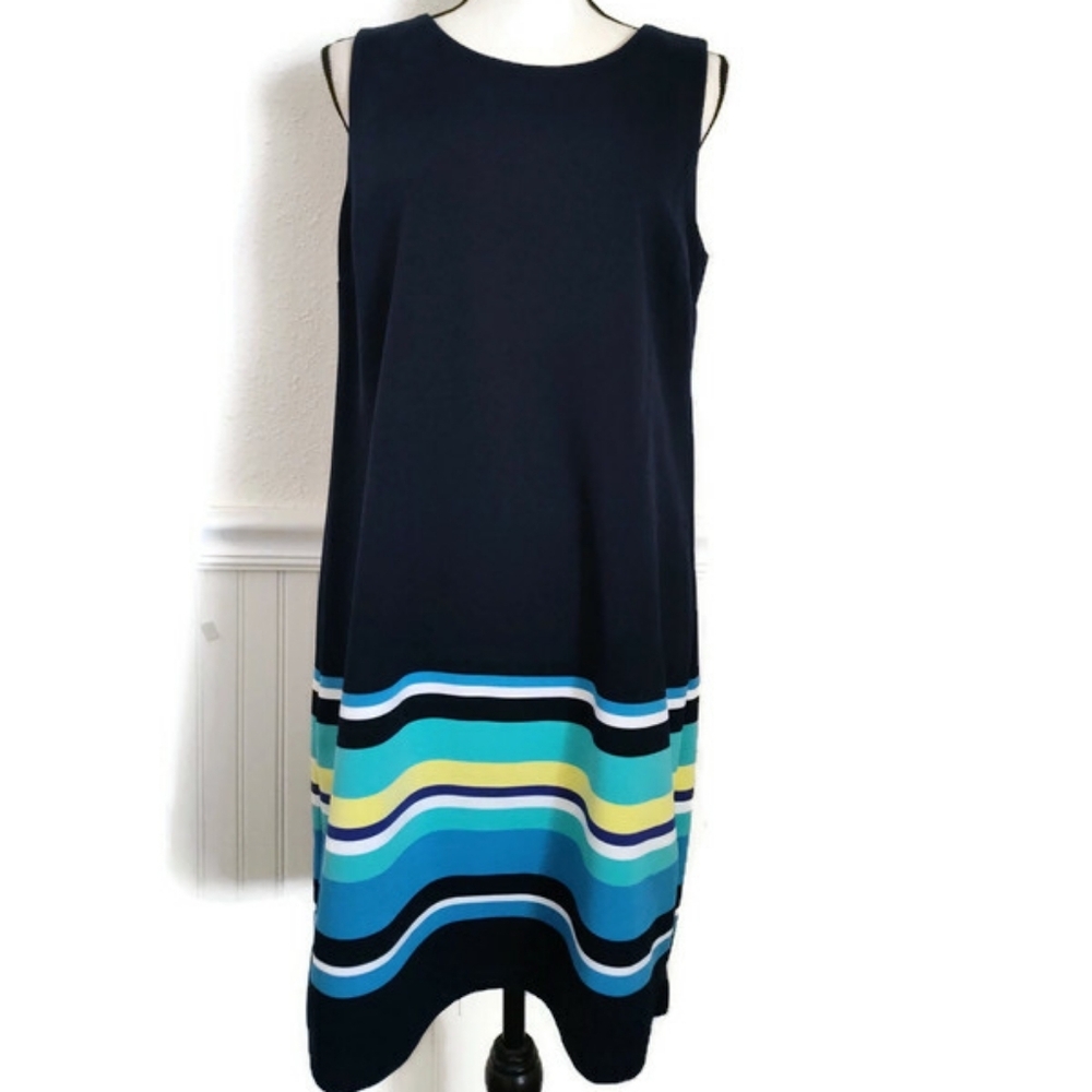Tommy Hilfiger Women's Navy and Green Striped Sheath Dress Size Large